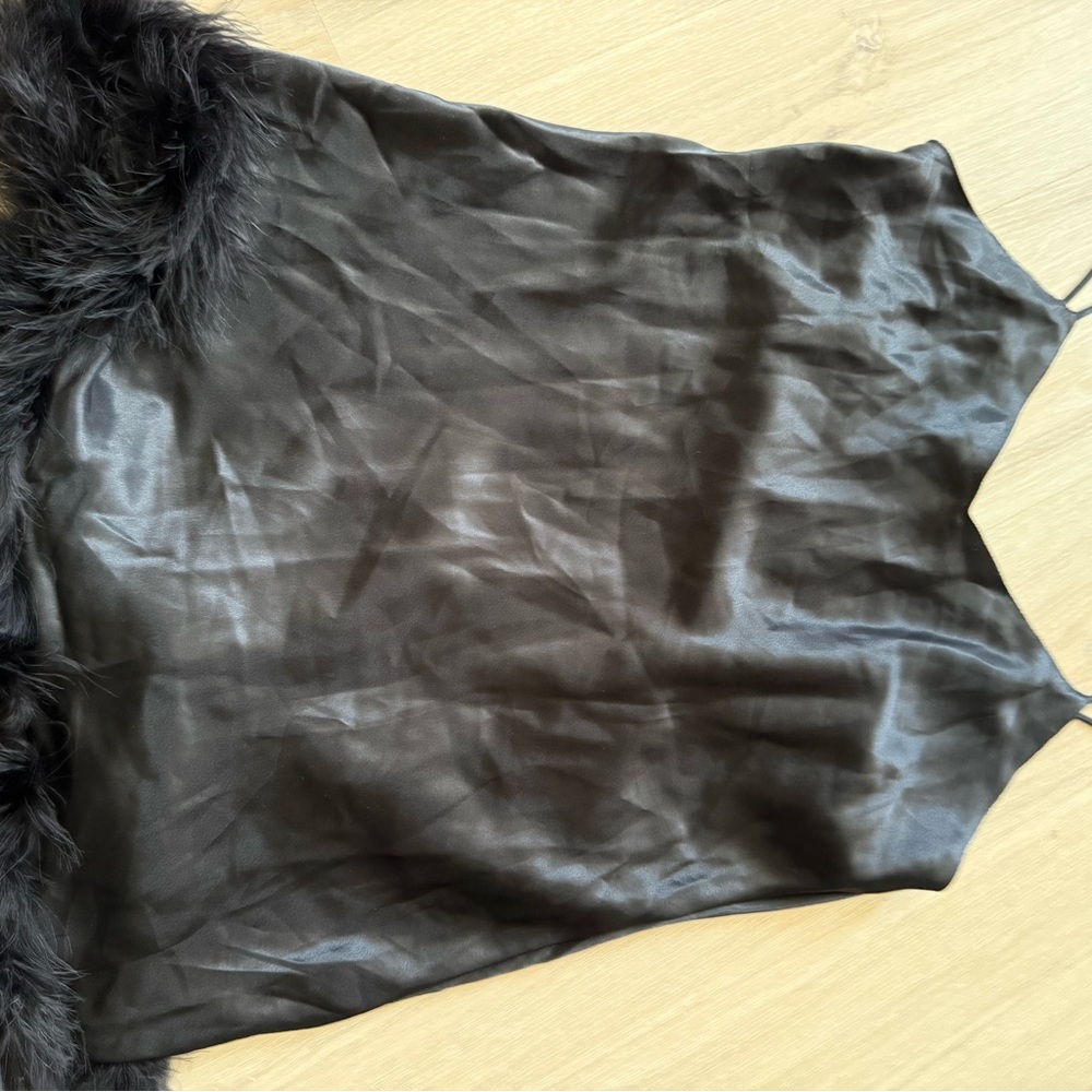 Vintage Black Satin Feather Trim Slip Dress